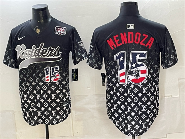 Men's Las Vegas Raiders #15 Fernando Mendoza Black USA 250 Fourth of July Vapor Limited Stitched Baseball Jersey